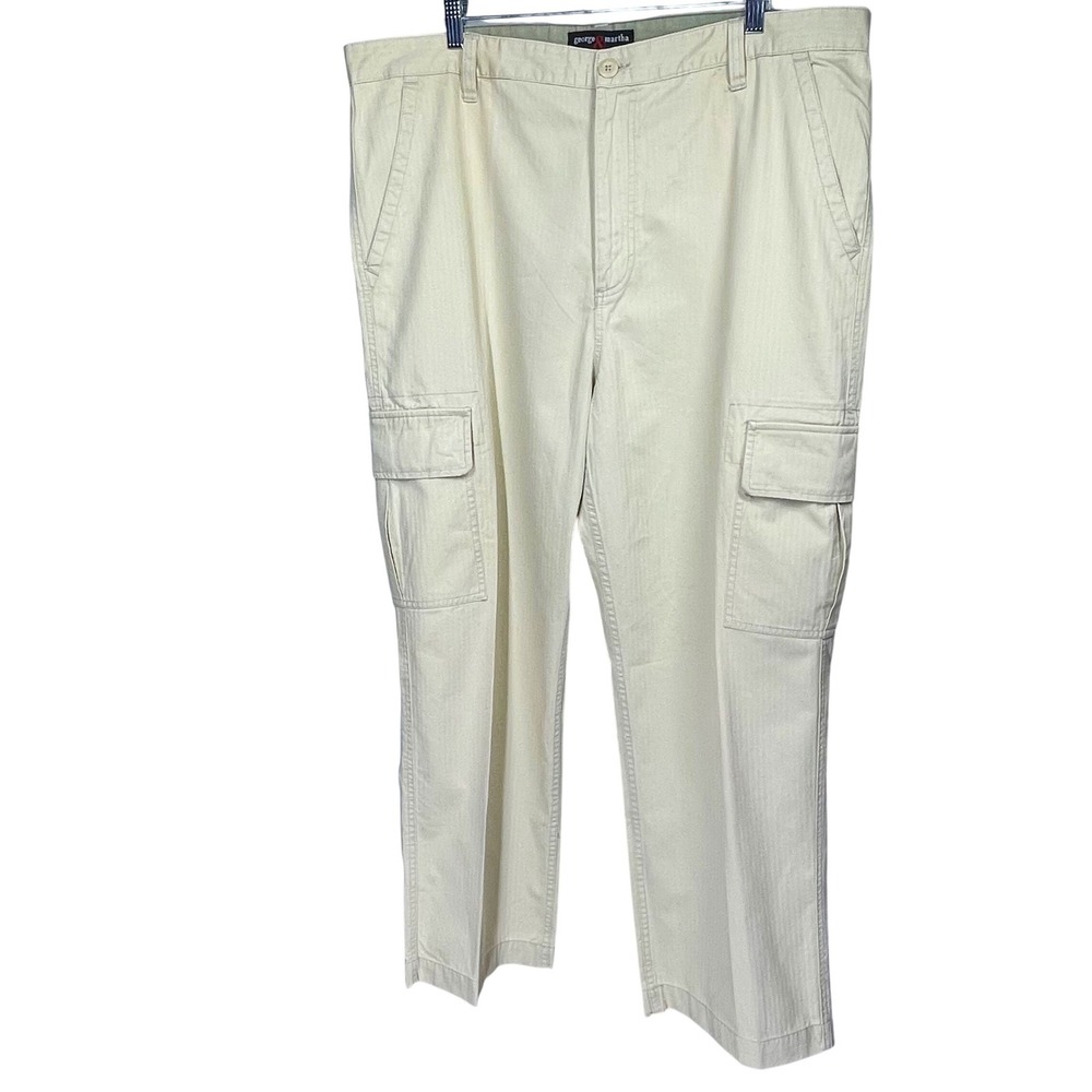 George & Martha Mens 40x30 Herringbone Cotton Cargo Pants Cream Khaki Straight